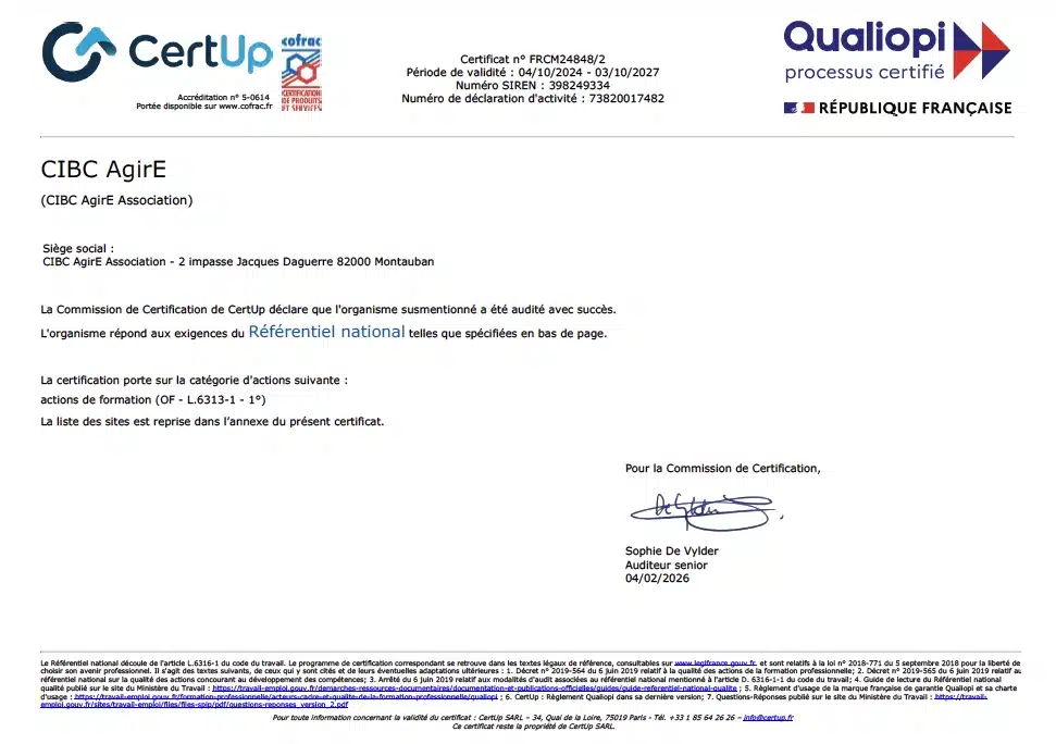 Certificat Qualiopi CIBC AgirE